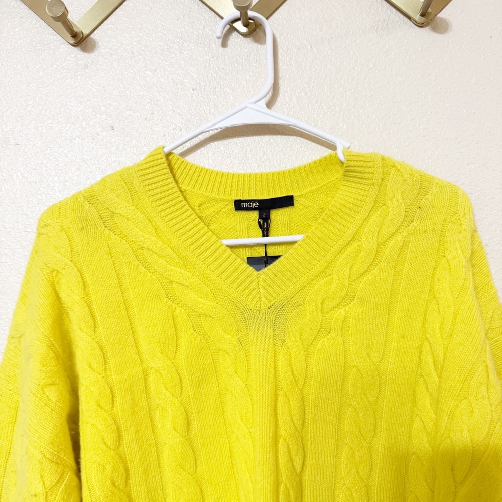NWT MAJE Miramar Yellow Cable Knit V-Neck Pullover Cashmere Blend Sweater Medium - Picture 8 of 11